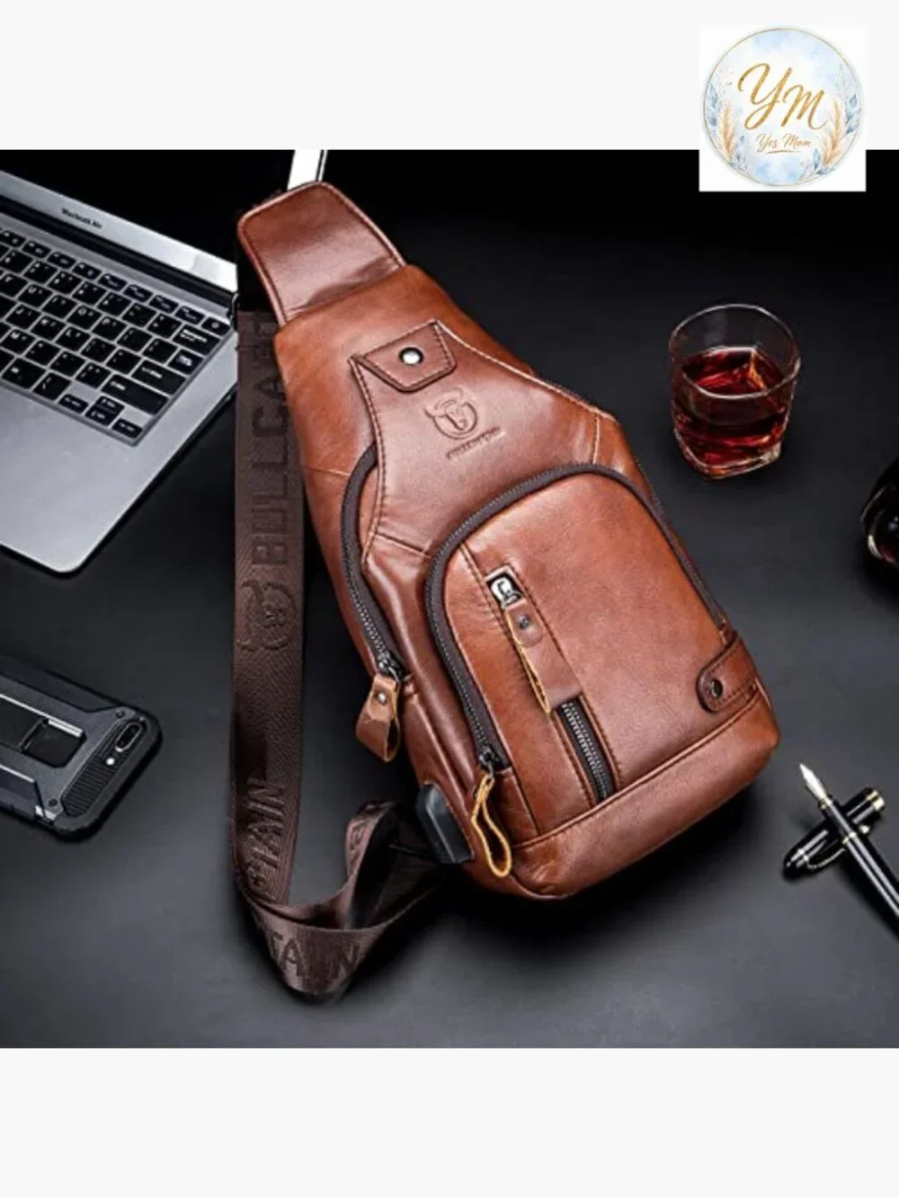Genuine Leather Sling Bag with USB Charging Port Crossbody